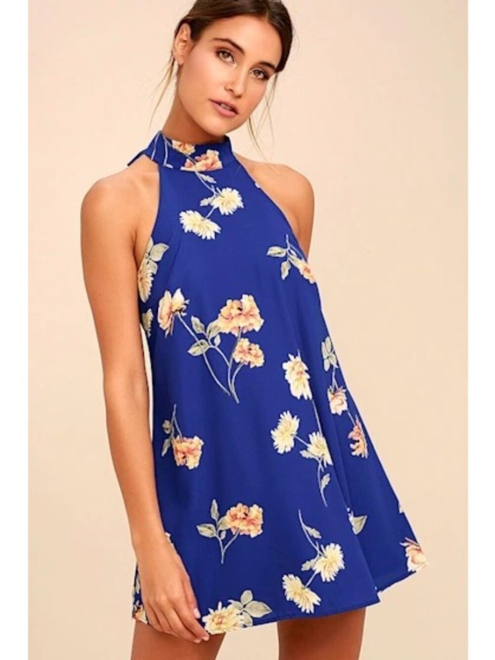 Lulus Swing Dress Size Medium Royal Blue Floral Print Sleeveless V-Neck Keyhole - Picture 4 of 14